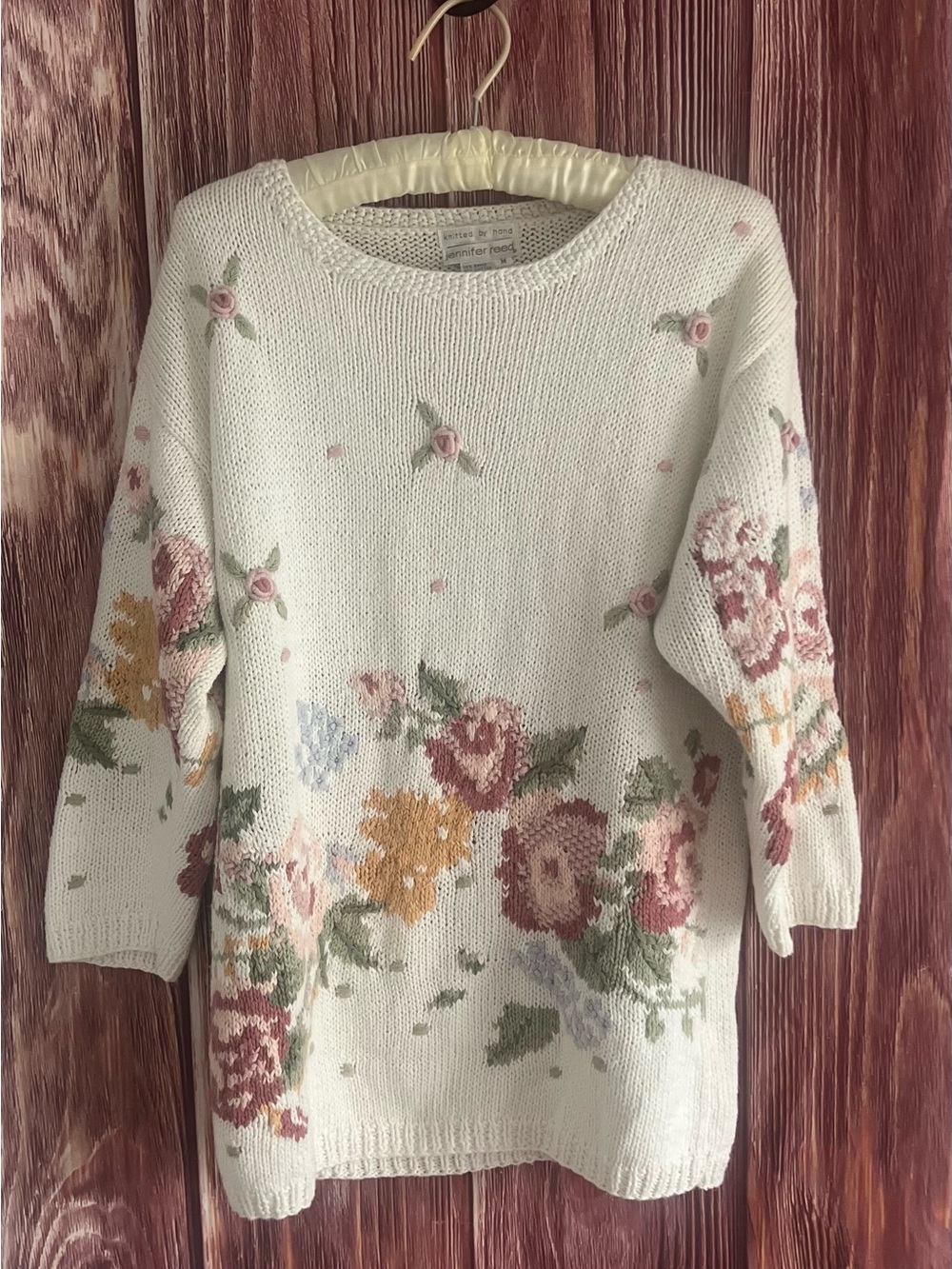 Vintage Jennifer Reed Cream Floral Knit Sweater w/ Rose Embroidery Cottage Core